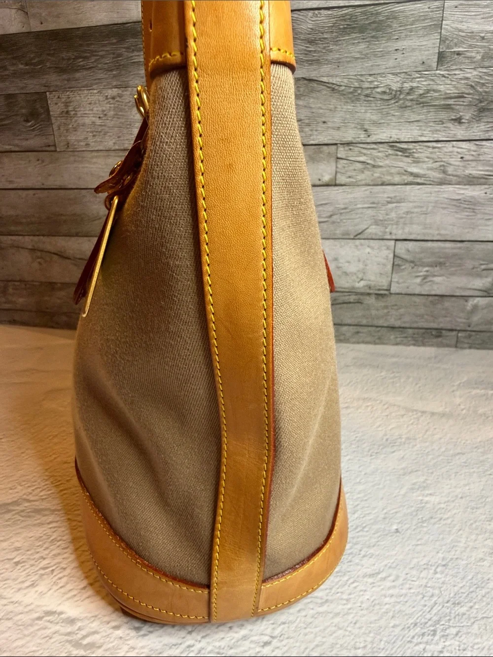 Vintage Dooney & Bourke USA Canvas Bucket Tote British Tan Leather Duck Tag